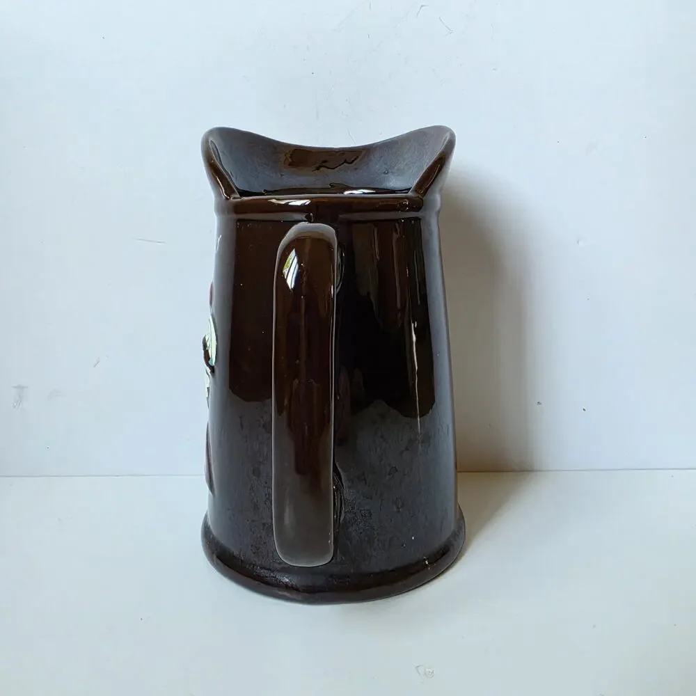 Vintage Pitcher Hand Painted Rooster On Roof Batter Breakfast Brown Farm Decor